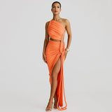 Plataz Irregular Shoulder Wrinkled Chest Skirt Woman 2025 Summer New Sexy Bare-Backed Rope Open Fork Dress HZ0628