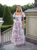 Plataz Summer British Tide Brand Dream Fairy Flower Net Collar Bubble Sleeves Wide Swing Flowing Dress Dress