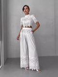 Plataz Collar Short-Sleeved Lace Top + Tight Waist Tie With Lace Spliced Wide Leg Trousers Set Woman