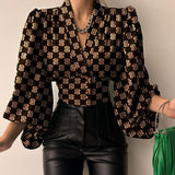 Plataz Explosion Spring New Temperament Button V Collar Lantern Sleeve T-Shirt DJPT