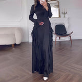 Plataz Women's Clothing Autumn 2024 Round Collar Horn Sleeve Temperament High-Waisted Splicing Tie With Dress Woman