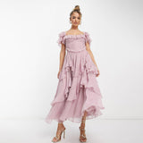 Plataz Dress Holiday Dress Lace Side Hollow Cake Dress Lotus Leaf Folding Long Dress