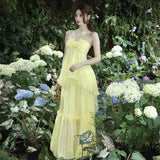 Plataz New Design High-Grade Tea Break French Gentle Wind Seaside Holiday Yellow Hanging Neck Dress