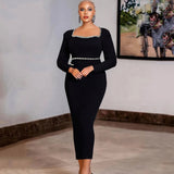 Plataz Elegant Square-Necked Long-Sleeved Diamond-Stwined Dress With Long Bag-Hope Party Party Evening Dress