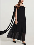 Plataz 2025 New One-Word Three-Dimensional Flowers Splicing Shoulder Sexy Long Folding Long Folded Skirt Woman