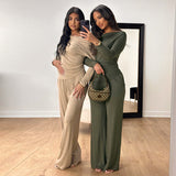 Plataz Women Solid Color Collar Shrink Fold Irregular Top Hanging Trousers Set DJPT
