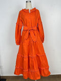 Plataz Tide Brand 2025 Spring Round Collar Lotus Lantern Sleeve Strap To Close The Waist Orange Red Dress Dress Dress