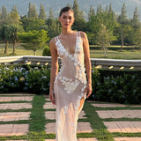 Plataz Deep V Sexy Dew Suspension Dress By Three-Dimensional Flower Dress