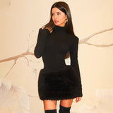 Plataz Women's Autumn And Winter New High-Necked Long-Sleeved Elegant Hairy Short Dress DJPT