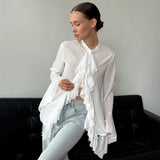 Plataz Women's Round Collar Horn Sleeve Lotus Leaf Side Design Micro-Permeable Shirt Top DJPT
