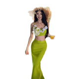 Plataz Niche Design Three-Dimensional Flower Sexy Sling Tset Tsets Open Forked Bag Hip Skirt Holiday Two-Piece Suit Woman
