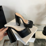 Plataz Year Thick High Heel Waterproof Waterproof Table Thick High Heel Transparent Water Drill High Heel Sandals Slippers 15 Cm One-Word Drag High Quality Shoes