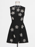 Plataz Elegant Wind Vest Dress 2025 Summer New Round Neck Nail Diamond Flowers Solid Color Short Dress Dress Woman