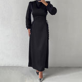 Plataz Women's New Round-Neck Lantern Sleeve Dress Side Belt With Body-Repair Dress Dress