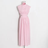 Plataz Leisure Dress 2025 Summer New Simple Style Collar Sleeveless Hollow Design Solid Female Dress