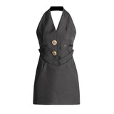 Plataz Temperament V-Neck Hanging Neck Dress Chicly Sexy Body-Claw-Dressed Button-Up Suit Dress Dress Women's Dress