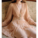 Plataz South Oil Flower Diamond Luo Waist Deep V Dress Gentle Flowing Short Dress 2024 New