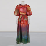 Plataz Court Style Dress 2025 Spring New Round Lantern Sleeves Gradually Swing Mid-Long Dress Women's Dress