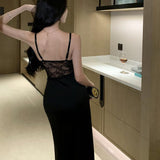 Plataz Black Lace Splicing High Open Fork Sexy Bag Ass Waist Temperament Sling Skirt Dress