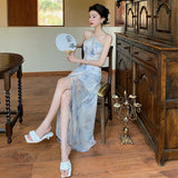 Plataz Neck Print Sling Dress Spring Summer 2024 New Women's Chiffon Open Fork Back Holiday Dress