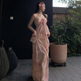 Plataz Flower And Haffin Dress Summer Temperament High-End Feeling Waist-Scared Slings Long Skirts