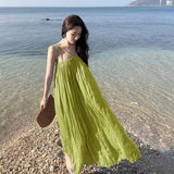 Plataz Desire Blue Folded Seaside Vacation Sling Dress Women Summer Sanya Tour Wearing Pictures Beach Long Skirts