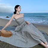 Plataz Summer New One-Word Collar Folds To Repair Height Waist A-Shaped Skirt Striped Beach Dress Woman