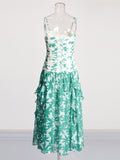 Plataz Holiday Style Dress 2025 Spring New Print Pressure Frills Light Mint Leaf Side Braid Dress Woman