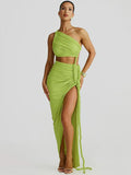 Plataz Irregular Shoulder Wrinkled Chest Skirt Woman 2025 Summer New Sexy Bare-Backed Rope Open Fork Dress HZ0628