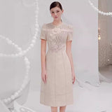 Plataz 2025 Three-Dimensional Flower Embroidered Hollow Dress Round Collar Short-Sleeved Relief Dress