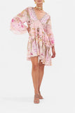 Plataz Niche Silk Silky Retro Court Print V Collar Horn Sleeves Loose Waist Small Flowing Dress