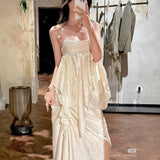 Plataz Folded Design Dress Dress Dress Female French Holiday Atmosphere Sling Skirt Two Sets