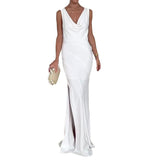 Plataz 2024 Women's Sexy Beach Wind Hanging Neck Deep V Bare Back Strap Long Textured White Dress