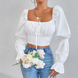 Plataz And Summer Women Pure White Long Sleeve Front Breast Strap With Bare Back Sexy Waist Shirt Crop Top DJPT