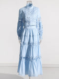 Plataz Famous Wind 2025 Summer New Lace Collar Long Sleeves Bare Waist Shirt High Waist Half Dress Solid Two Sets