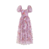 Plataz Summer British Tide Brand Dream Fairy Flower Net Collar Bubble Sleeves Wide Swing Flowing Dress Dress