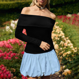 Plataz Women's New Word Collar Shoulder Long Sleeve Splicing Floral Skirt DJPT