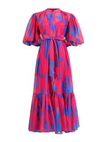 Plataz And Leisure Holiday Dress 2025 Summer New Loose Print Bubble Sleeve Tie Waist Dress