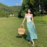 Plataz Holiday Style Suit French Rope Smear Vest Top Woman Summer Blue Floral Half Dress Two Sets