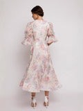 Plataz Style Dress 2025 Summer V-Neck Bubble Sleeves Mid-Sleeve Fresh Sweet Three-Dimensional Flower Print Dress