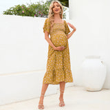Plataz 2025 New Summer Pregnant Woman Chiffon Dress Small Broken Floral Dress Short Sleeve Long Dress Maternity