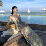 Plataz Sling Dress Women's Summer Mesh Printing Temperament Is Skinny Seaside Holiday Dress Dress