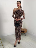 Plataz 2024 New Leopard-Print Twilled Long-Sleeved Long Temperament Dress Woman