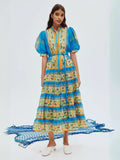 Plataz Autumn New French Retro Printing Splicing Process Single Buckle Belt Belt Waist Long Dress Dress Woman