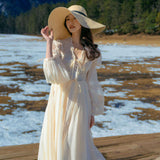 Plataz Seaside Holiday Dress Long Sleeves Sun-Drag Long Skirts Outside Wearing Shirt Beach Dress Morning Robes
