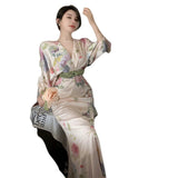 Plataz New French Waist-Covered Stamped Temperament Dress Long Sleeve V-Neck Spring Dress Women's Holiday Oil Painting Long Dress