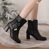 Plataz Size Women's Shoes Bows Coarse And Short Boots Women's Korean Version Of High Heel Boots High Quality Shoes