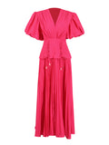 Plataz Retro Bubble Sleeve Rope Waist-Waisted Dress 2025 Summer New Folding Splicing Solid Color Dress Dress Women's Dress