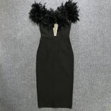 Plataz Women's Fashion Feathers Diamond Bandage Dress Party Elegant Temperament Dress Dress Dress