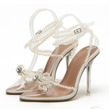 Plataz High Heels 2025 Spring Tip Sweet Bow Summer Water Drill Transparent Women's Pearl Sandals High Quality Shoes